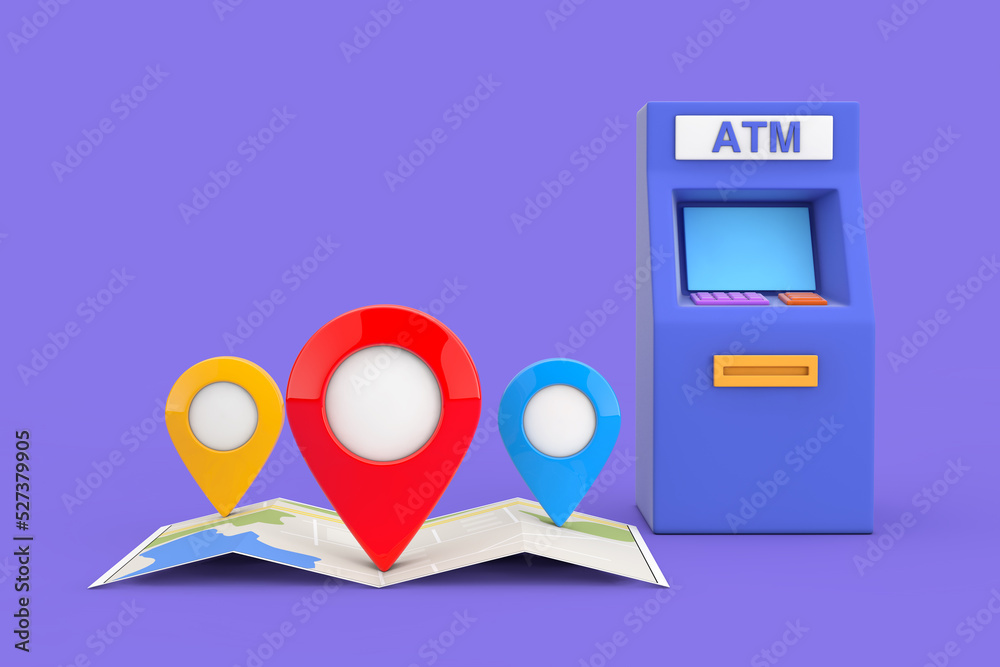 Poster business technology concept. blue cartoon style atm deposit machine and folded abstract navigation m