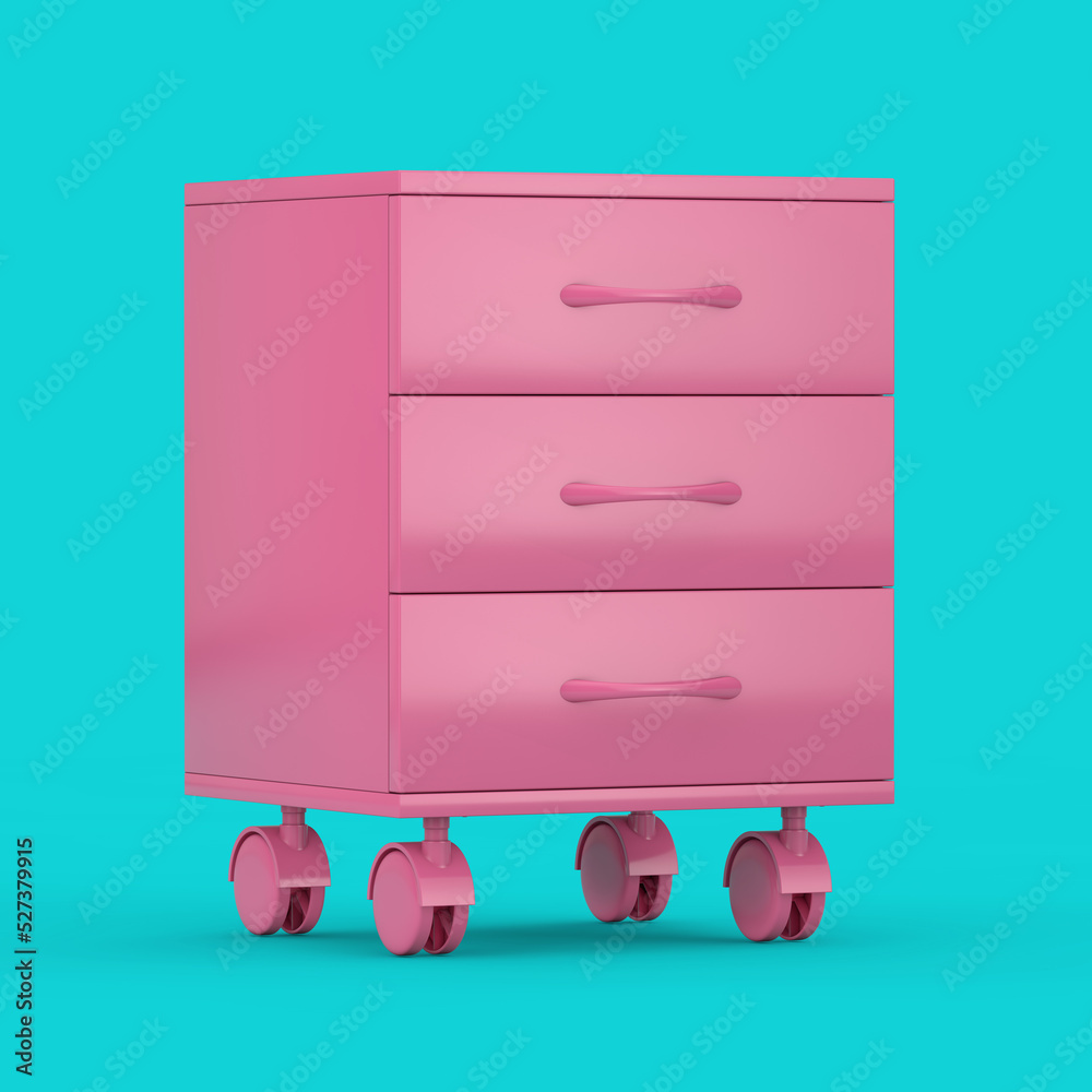 Poster pink modern room bedside table with wheels in duotone style. 3d rendering