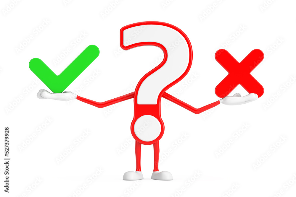 Aufkleber Question Mark Sign Cartoon Character Person Mascot with Red Cross and Green Check Mark, Confirm or Deny, Yes or No Icon Sign. 3d Rendering