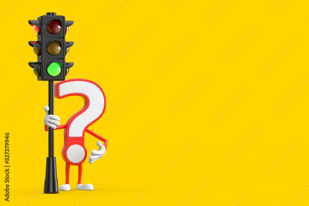 Poster question mark sign cartoon character person mascot with traffic green light. 3d rendering