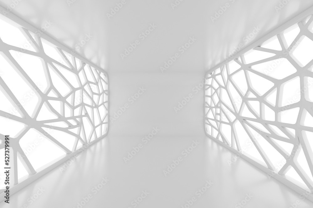 Poster illuminated empty open space, corridor or room interior, white abstract modern architecture backgrou