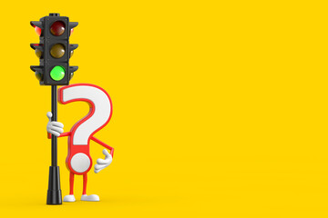 Question Mark Sign Cartoon Character Person Mascot with Traffic Green Light. 3d Rendering
