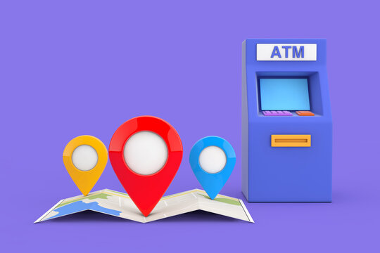 Business Technology Concept. Blue Cartoon Style ATM Deposit Machine and Folded Abstract Navigation Map with Three Target Map Pointer Pins. 3d Rendering