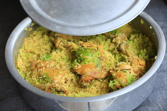 Chicken Joint Biryani Served In Large Bowl ,indian Famous Dish