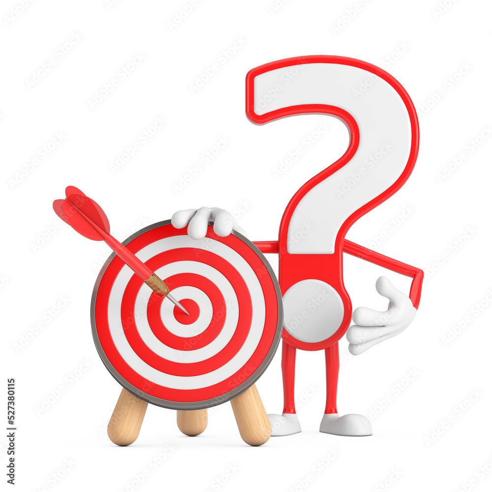 Fototapete question mark sign cartoon character person mascot with archery target and dart in center. 3d render