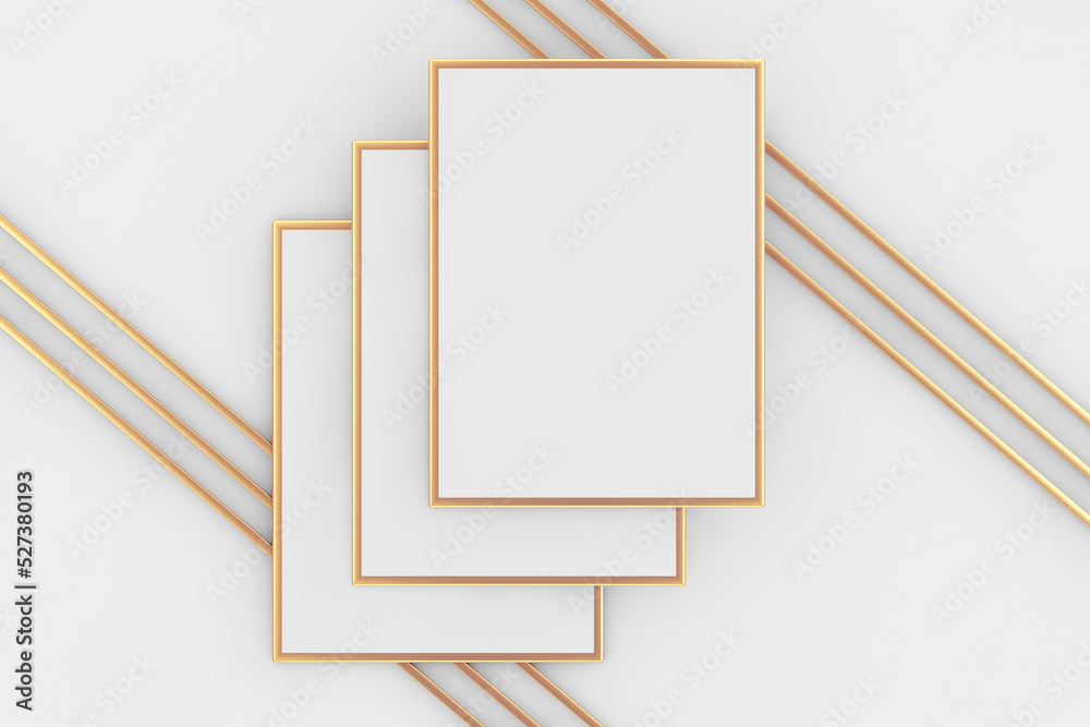 Aufkleber premium abstract white golden blank picture frame mockup with abstract golden lines. 3d rendering