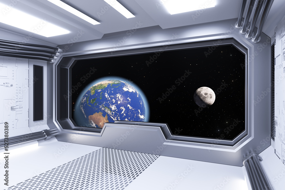Poster spaceship white room interior with view on space and earth planet. elements of this image furnished 