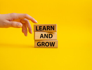 Learn and grow symbol. Concept words Learn and grow on wooden blocks. Beautiful yellow background. Businessman hand. Business and Learn and grow concept. Copy space.