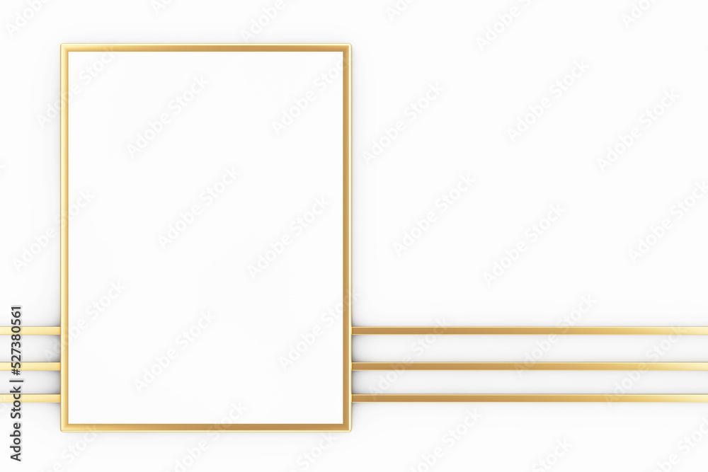 Poster premium abstract white golden blank picture frame mockup with abstract golden lines. 3d rendering