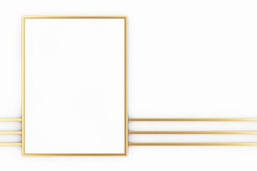 Premium Abstract White Golden Blank Picture Frame Mockup with Abstract Golden Lines. 3d Rendering