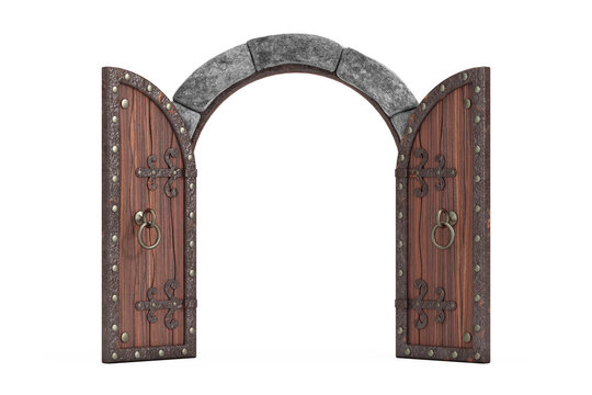 Medieval Arch Wooden Opened Castle Gate. 3d Rendering