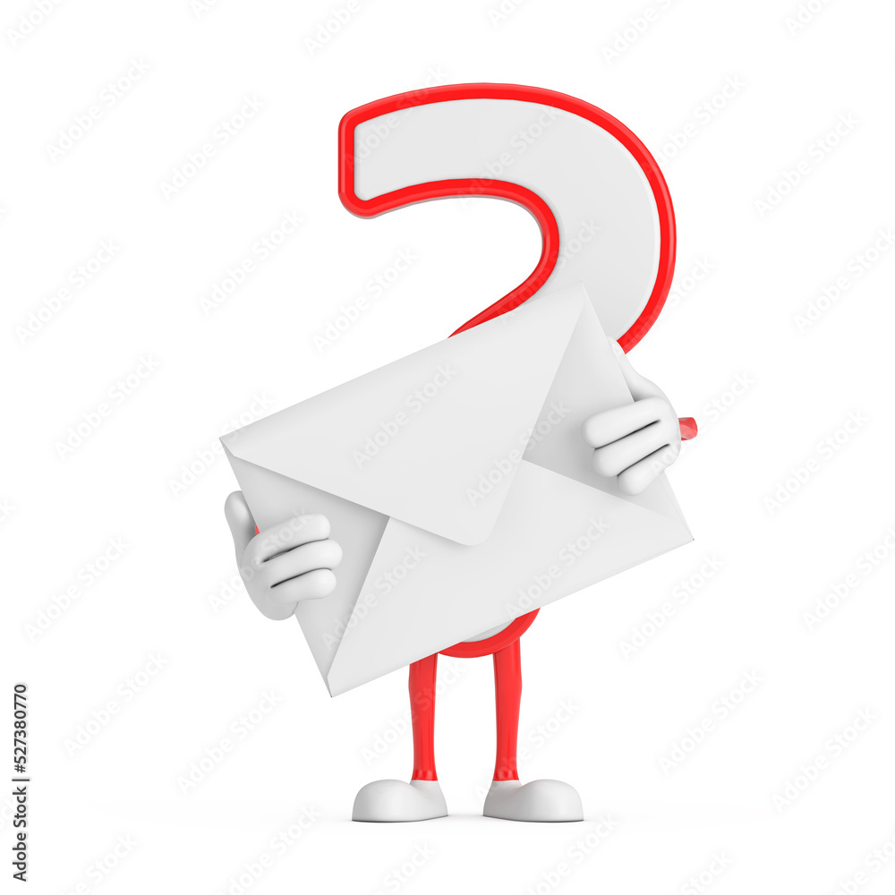 Poster Question Mark Sign Cartoon Character Person Mascot with White Blank Envelope. 3d Rendering