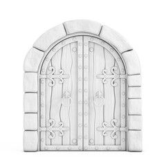 White Medieval Arch Closed Castle Gate in Clay Style. 3d Rendering