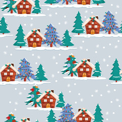 Fototapeta na wymiar Winter Christmas and Happy New Year Small house in the snow Landscape ,seamless pattern with Christmas ornament