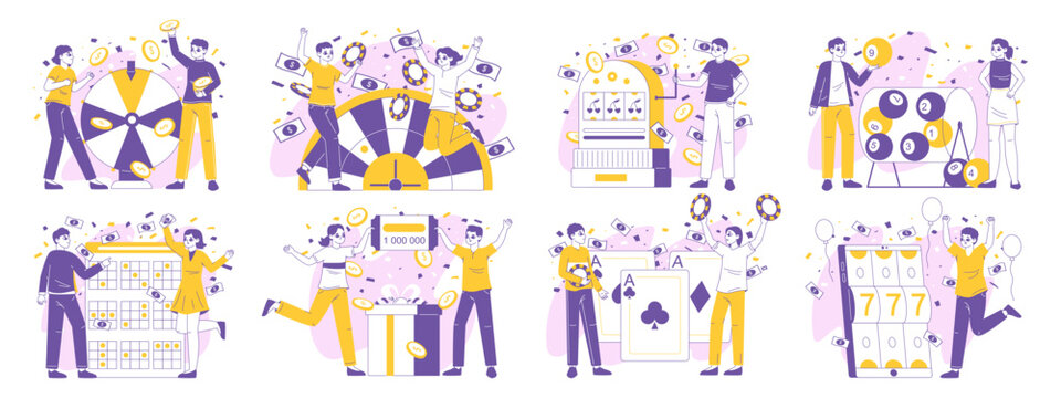 Gambling lucky players, people playing casino, lottery and bingo games. Happy gamers win with lotto or spinning roulette flat vector illustration set. Outline gambling winners collection