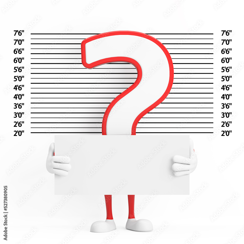 Aufkleber Question Mark Sign Cartoon Character Person Mascot with Identification Plate in front of Police Lineup or Mugshot Background. 3d Rendering