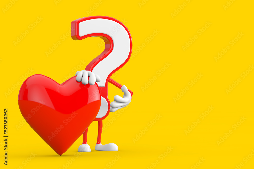 Poster question mark sign cartoon character person mascot with with red heart. 3d rendering