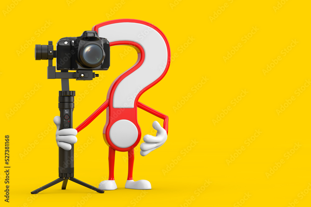 Leinwandbilder question mark sign cartoon character person mascot with dslr or video camera gimbal stabilization tr