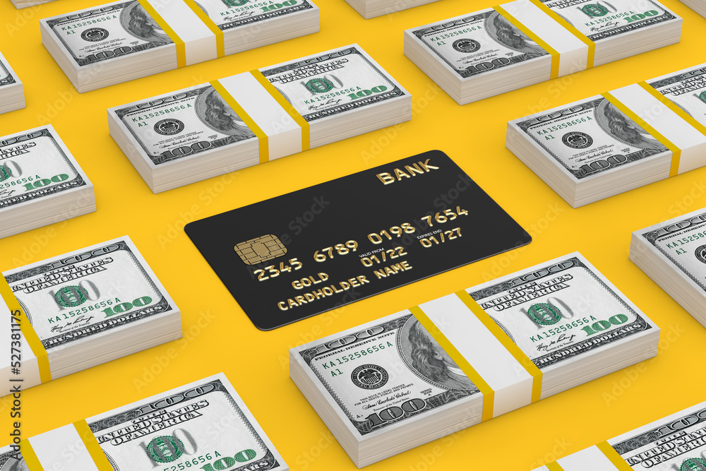 Aufkleber rows of isometric stack one hundred dollar bills with black plastic golden credit card with chip. 3d