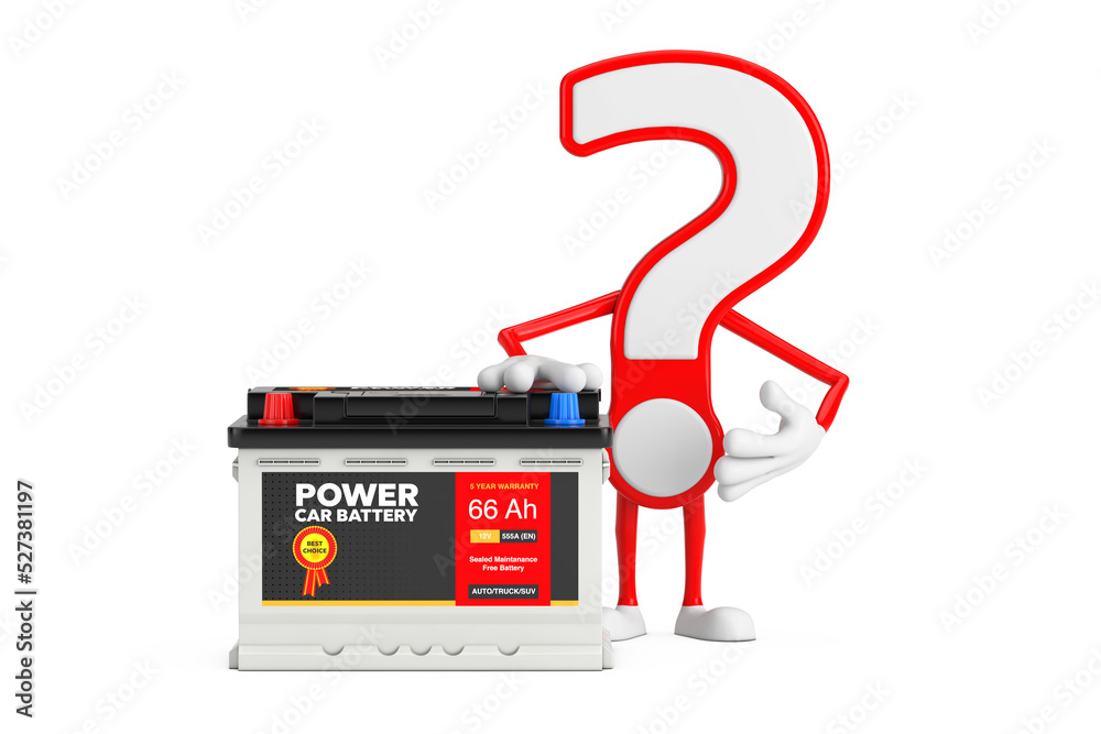 Poster question mark sign cartoon character person mascot and rechargeable car battery 12v accumulator with