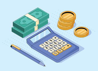 Financial isometric set: calculator, coins and bills