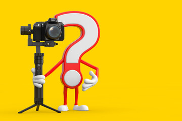 Obraz na płótnie Canvas Question Mark Sign Cartoon Character Person Mascot with DSLR or Video Camera Gimbal Stabilization Tripod System. 3d Rendering