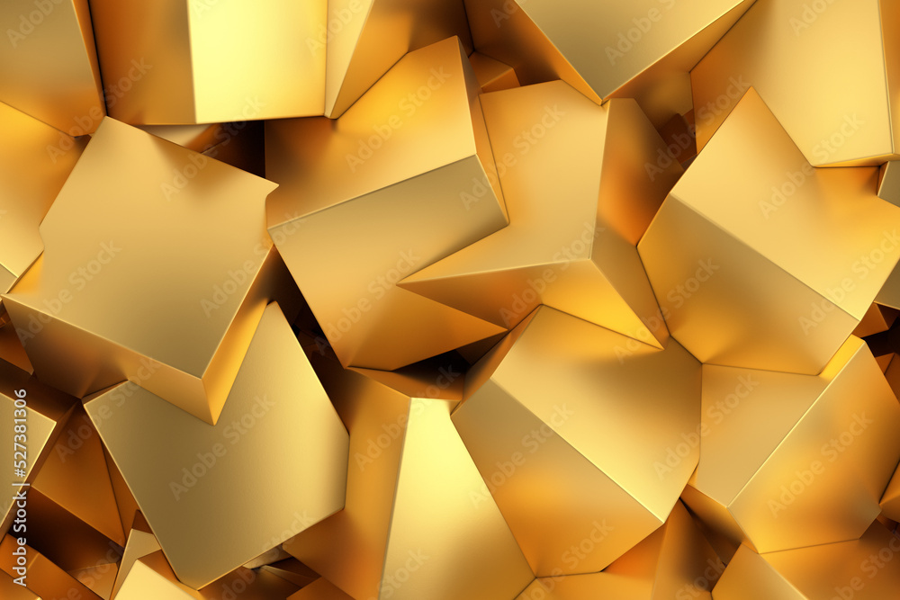 Fototapete golden abstract futuristic polygons cubes structure background. 3d rendering