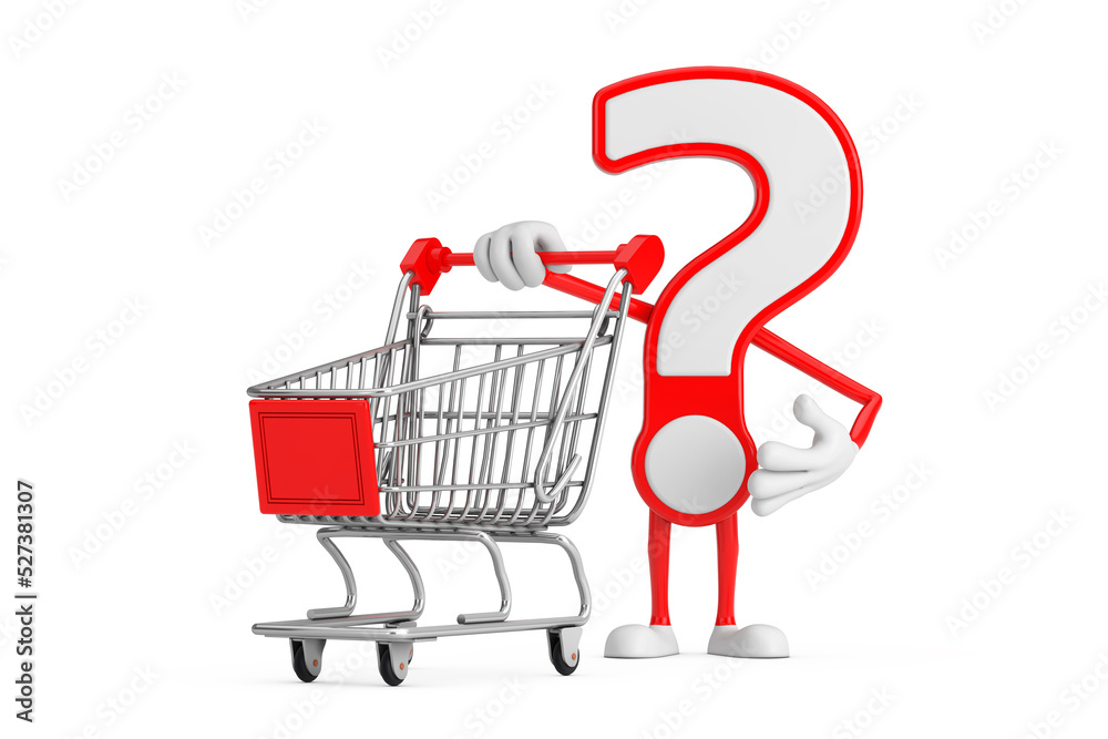 Poster Question Mark Sign Cartoon Character Person Mascot with Shopping Cart Trolley. 3d Rendering