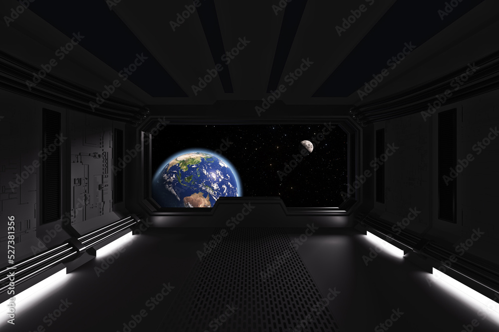 Poster Spaceship Room Interior with View on Space and Earth Planet . Elements of this image furnished by NASA. 3d Rendering