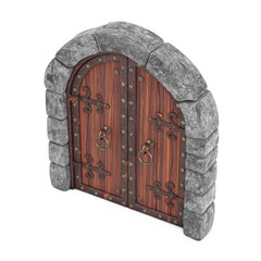 Medieval Arch Wooden Closed Castle Gate. 3d Rendering