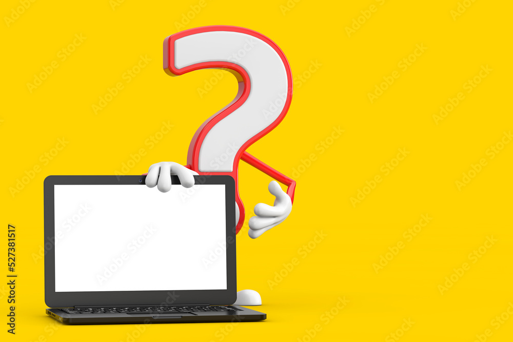 Poster Question Mark Sign Cartoon Character Person Mascot with Modern Laptop Computer Notebook and Blank Screen for Your Design. 3d Rendering