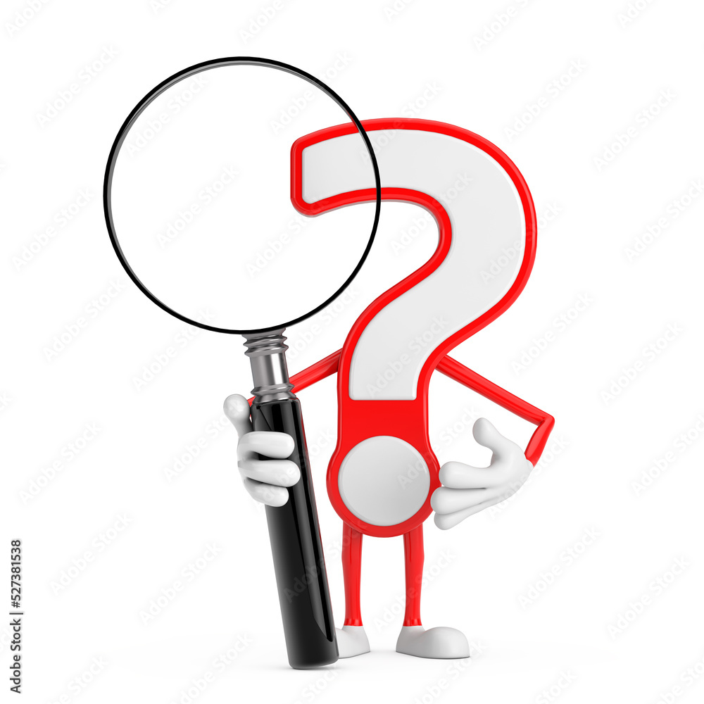 Poster question mark sign cartoon character person mascot with magnifying glass. 3d rendering