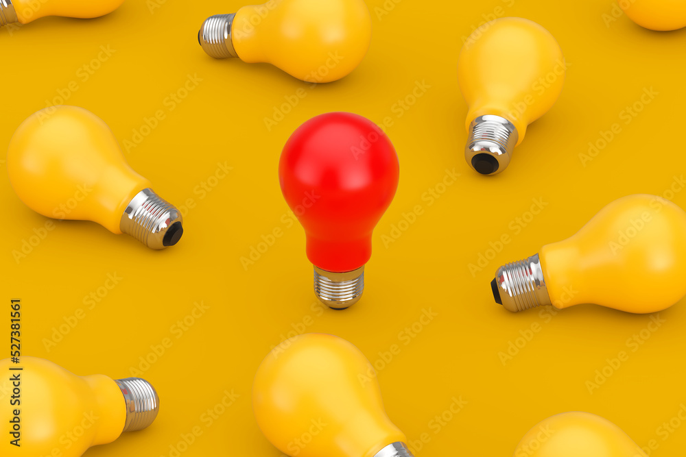 Aufkleber Idea Concept. One Red Light Bulb in Heap of Yellow Light Bulb. 3d Rendering