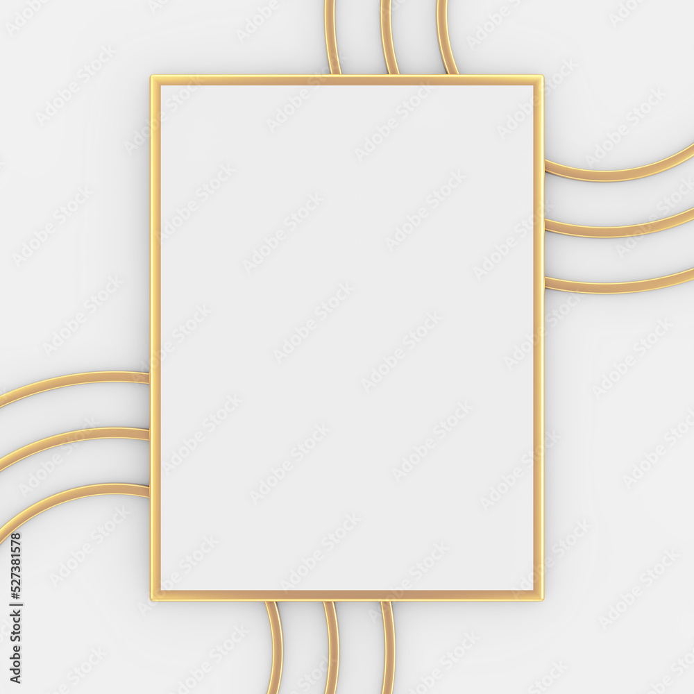 Poster Premium Abstract White Golden Blank Picture Frame Mockup with Abstract Golden Lines. 3d Rendering