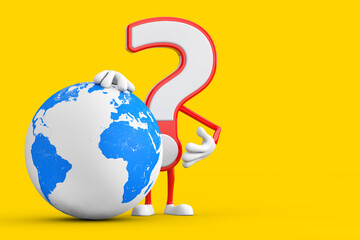 Question Mark Sign Cartoon Character Person Mascot with Earth Globe. 3d Rendering