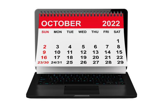 October 2022 calendar over laptop screen. 3d rendering