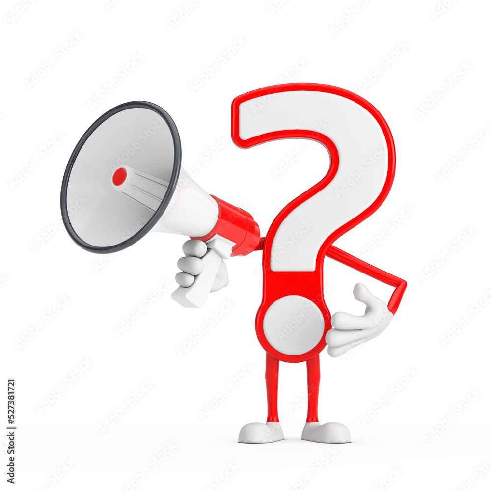 Aufkleber question mark sign cartoon character person mascot with red retro megaphone. 3d rendering