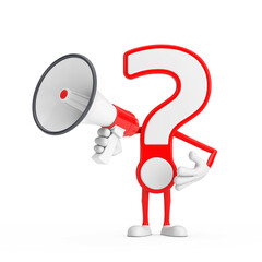 Question Mark Sign Cartoon Character Person Mascot with Red Retro Megaphone. 3d Rendering