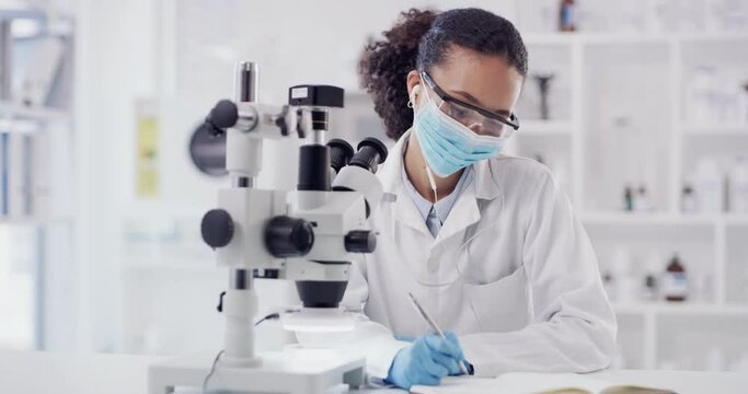 Scientist working, writing and microscope covid research for a phd paper in a lab. Woman laboratory worker document health, medical and pharmaceutical innovation data for a science journal or report