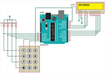 Arduino uno scheme of processing keyboard keystrokes and displaying
information on an alphanumeric LCD display. Vector drawing of a1 format. - obrazy, fototapety, plakaty