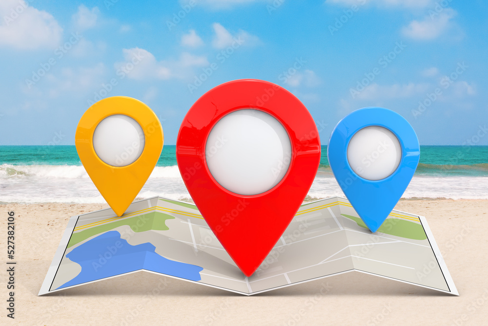 Poster folded abstract navigation map with three target map pointer pins on an ocean or sea beach. 3d rende