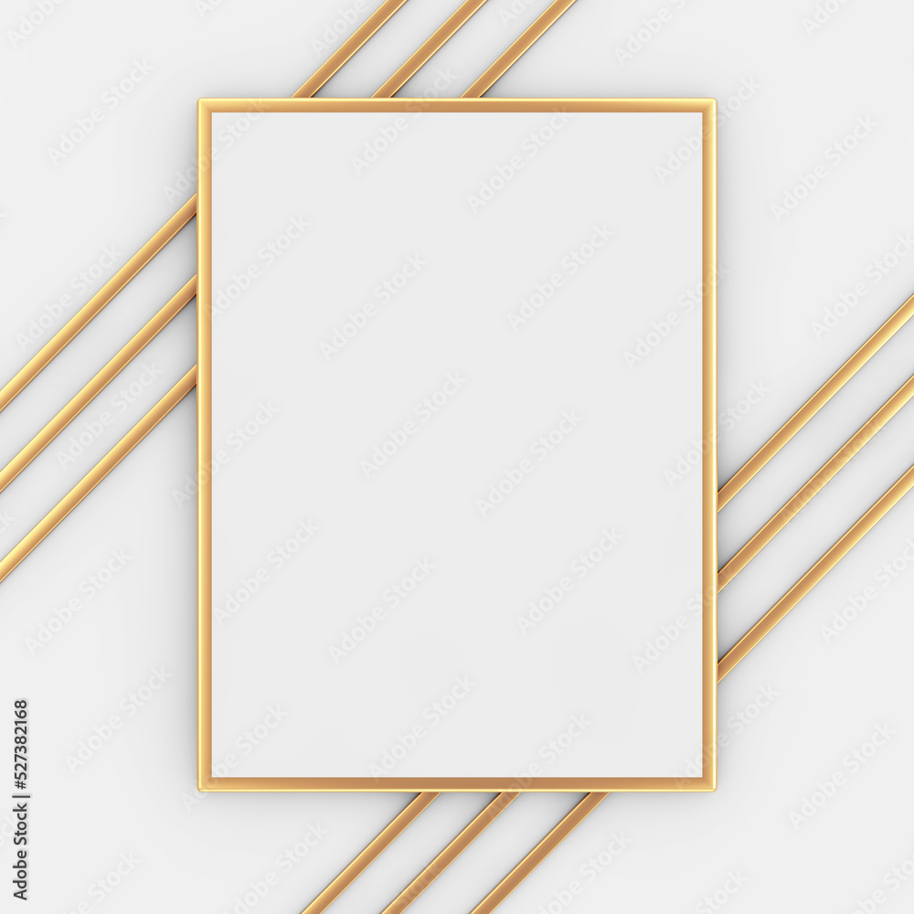 Poster premium abstract white golden blank picture frame mockup with abstract golden lines. 3d rendering