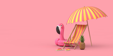 Cartoon Beach Chair, Swimming Pool Inflantable Rubber Pink Flamingo Toy, Beach Umbrella, Beach Flip Flops Sandals and Fresh Ripe Tropical Healthy Nutrition Pineapple Fruit. 3d Rendering - obrazy, fototapety, plakaty