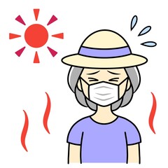 A senior woman with a medical mask suffering from summer heat