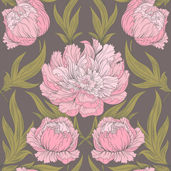 Seamless pattern of pink peonies. Abstract flowers. Vintage style ornament. Delicate flowers and intertwining leaves.