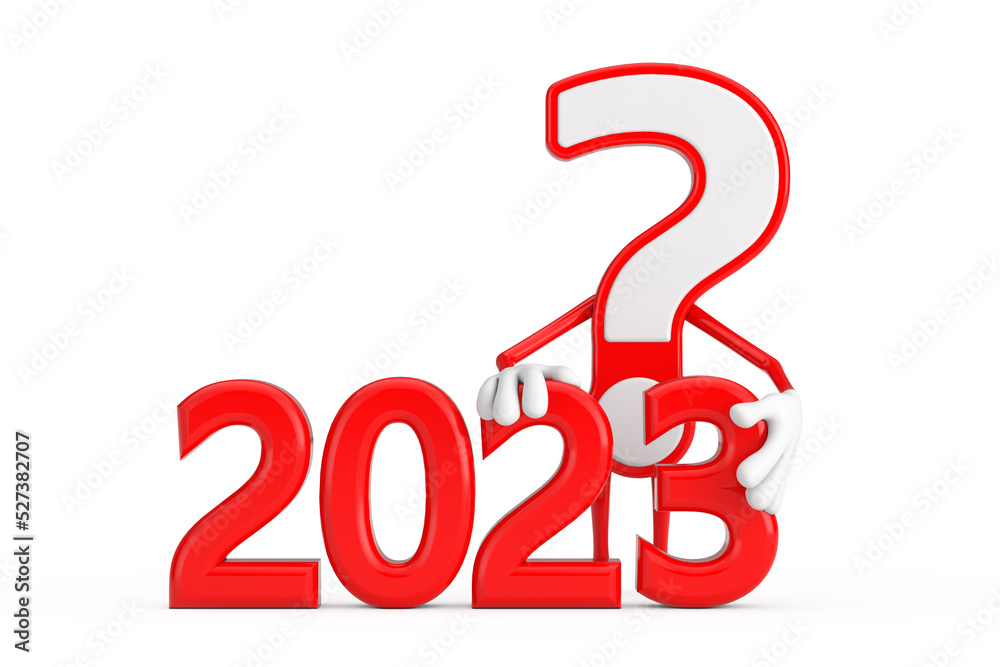 Aufkleber Question Mark Sign Cartoon Character Person Mascot with Red 2023 New Year Sign. 3d Rendering