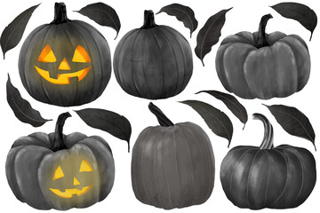 Black PNG pumpkins set. Halloween decoration jack o lantern set illustration. T-shirt apparel print design. Hand drawn on transparent background.
