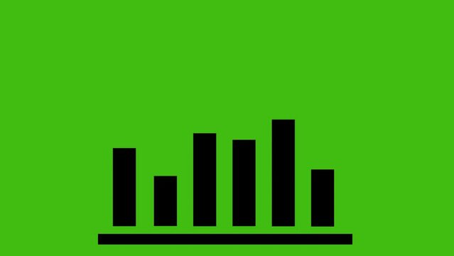 Animation of the black silhouette of the bar graph icon of statistics, with variation of low and up. On a green key chroma background