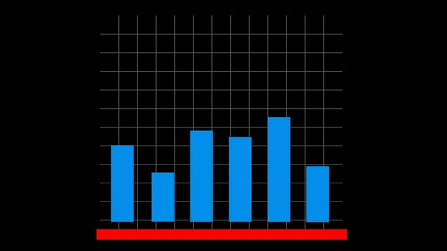 Animation of a statistical bar graph with a green arrow, with variations of ups and downs, on a transparent background with an alpha channel at zero percent