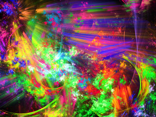 Obraz na płótnie Canvas Creación de arte fractal digital compuesto de rayos coloridos entre nubes difumonadas en un todo que tiene aspecto de ser la salida del sol en un planeta extraño.
